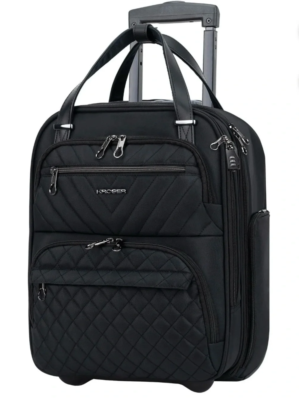 KROSER Black Quilted Rolling Briefcase with Multi-Compartment Organization